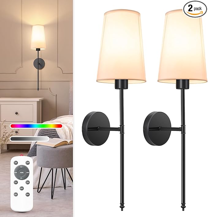 NIORSUN Black Battery Operated Wall Sconce Set of 2,Rechargeable Wall Lights with 10400mAh Dimmable Detachable Bulbs and Remote,9 Colors Wireless Sconces for Bedroom Living Room Hallway