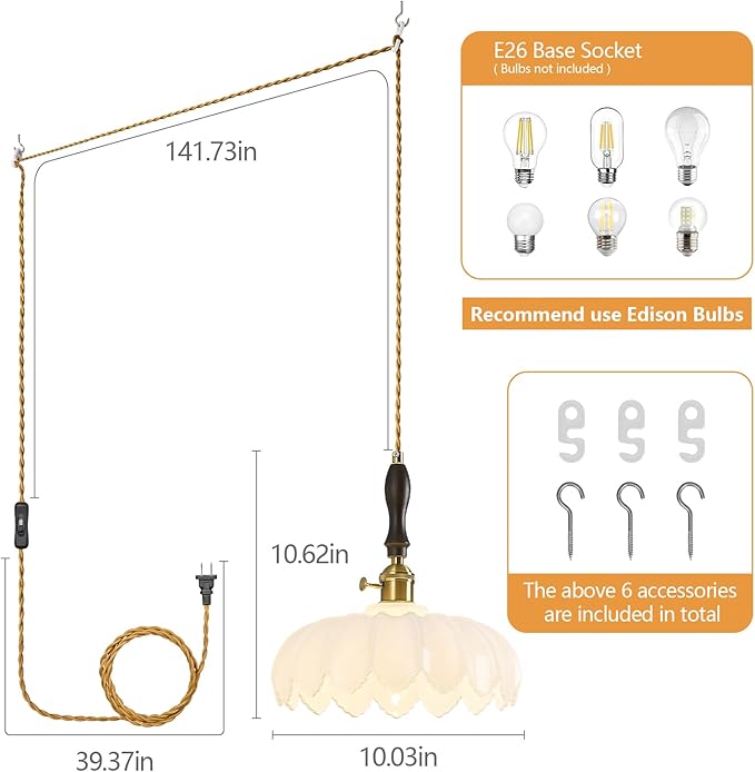 Modern White Plug in Glass Pendant Light Retro Flower Glass Hanging Lamp Gold Brass Decorative Adjustable Ceiling Hanging Light Suitable for Kitchen Island Bedroom Dining Room Living Room