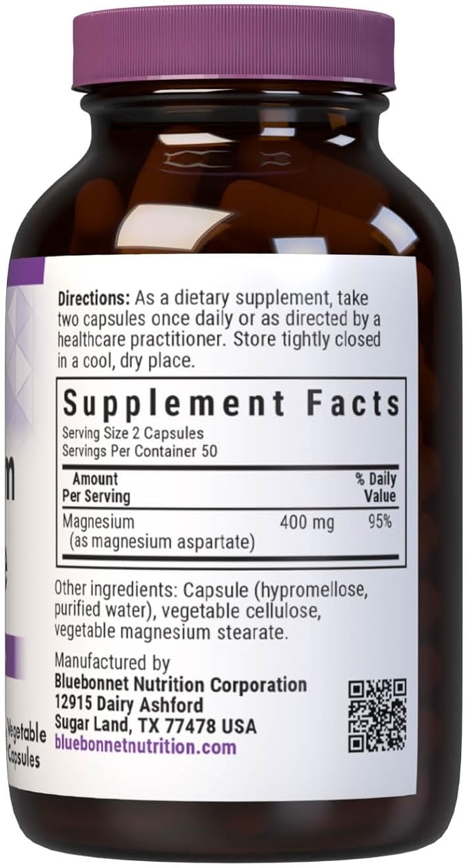 Bluebonnet Nutrition マグネシウムアスパラギン酸、ストレス緩和*、骨の健康*、心臓の健康*、非遺伝子組み換え、ビーガン、コーシャ認定、グルテンフリー、大豆不使用、乳製品不使用、100植物性カプセル、50回分