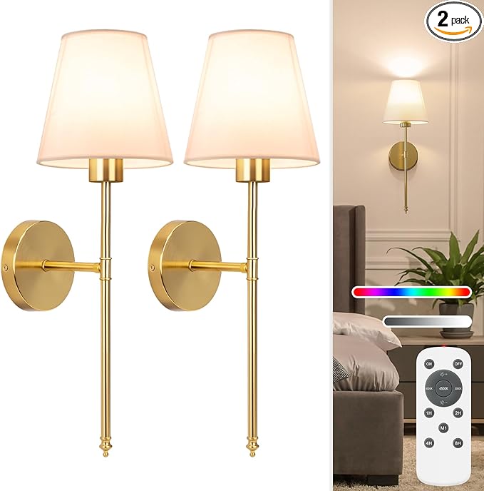 NIORSUN 19.9 inch Battery Operated Wall Sconce Set of 2,Gold Rechargeable Wall Lights with 10400mAh Dimmable Detachable Bulbs and Remote,10 Colors Wireless Sconces for Bedroom Living Room Hallway