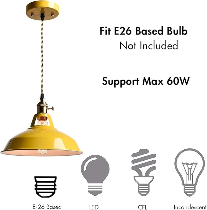 CLAXY Modern Pendant Lights Yellow Metal Barn Pendant Light Fixture Over Kitchen Island with Switch Adjustable Hanging Height Loft Light E26 Pendant for Dining Table Bedroom Cafe