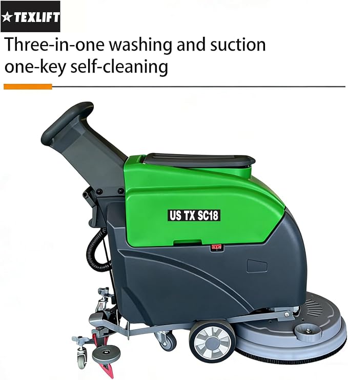 Walk-Behind Commercial Floor Scrubber Machine, 18″ Cleaning Width, Battery Powered Scrubber Dryer with 13 Gal Tanks for Warehouse, Retail & Facility Cleaning (US-TX-SC18)