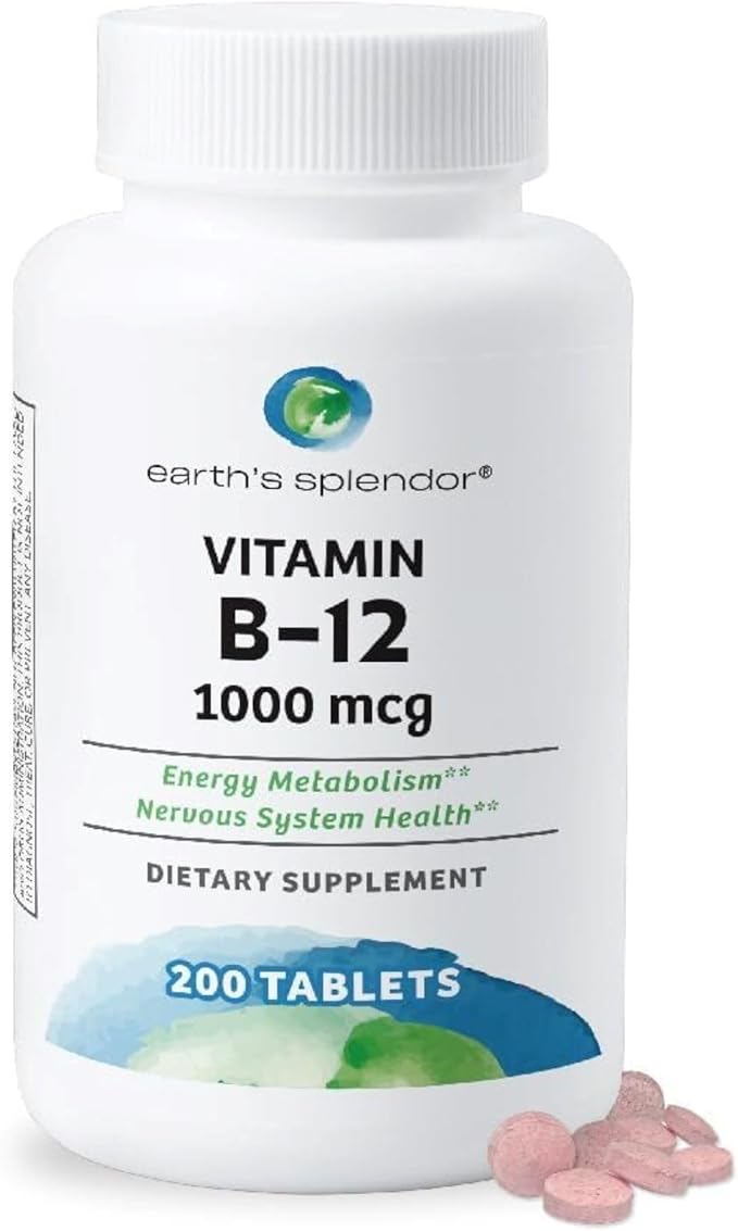 Compléments énergétiques Earth's Splendor, avec vitamine B12, sans colorant ni arôme artificiels, sans gluten, soutien du métabolisme énergétique (1000mcg, 200 comprimés)