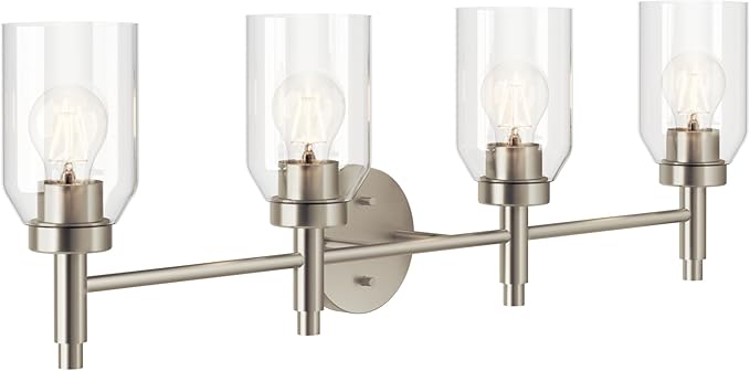 Kichler Madden 4-Light Bathroom Vanity Light Fixture with Clear Glass in Brushed Nickel, Modern Wall Mount for Single or Double Vanity Over Mirror (10.5" x 34"), 55186NI