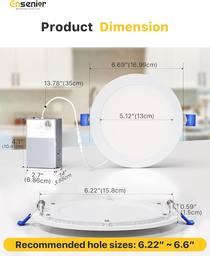 Ensenior 12 Pack 6 Inch LED Recessed Light, Dimmable, 2700K-5000K 5CCT, 1200LM High Brightness, 12W 120V, Damp Rated, Ultra-Thin Canless Wafer Ceiling Light - ETL & FCC & IC