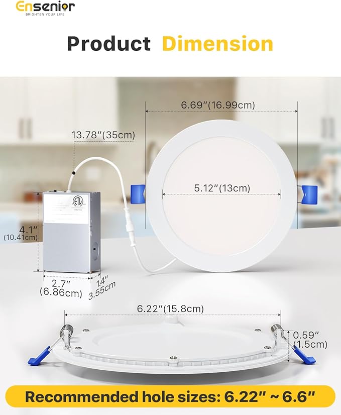 Ensenior 6 Pack 6 Inch LED Recessed Light, Dimmable, 2700K-5000K 5CCT, 1200LM High Brightness, 12W 120V, Damp Rated, ERL-12X-ETL, Ultra-Thin Canless Wafer Ceiling Light - ETL & FCC & IC