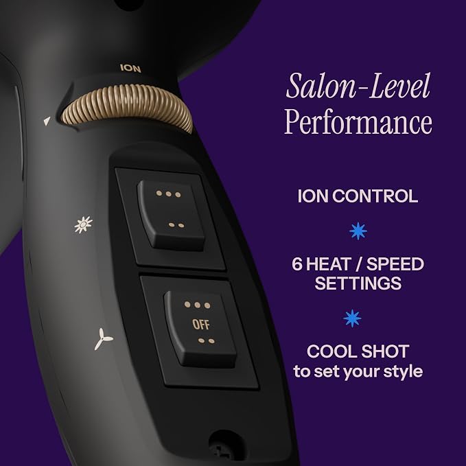 Hot Tools Pro Artist Black Gold 2100 Turbo Ceramic Blow Dryer, Lightweight Ionic Hair Dryer with 1875 Watts for Fast Drying, 6 Heat Speed Settings, Cool Shot, Diffuser, Concentrator