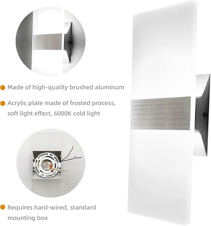 KICAAO Modern Wall Sconces 4 Pack, Led Wall Light 10w, Wall Sconce Up Downlight, Hardwired Acrylic Wall Light Lighting, Suitable for Living Room Corridor Bedside (Cool White 6000K 4Pack)