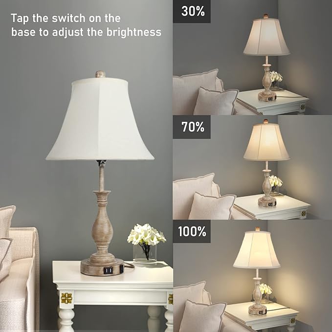 LALISU Farmhouse Table Lamp Touch Control 3-Way Dimmable Table Lamp, Modern Nightstand Lamp with 2 USB Port Bedside Desk Lamp with Fabric Shade for Living Room Bedroom Hotel (Pack 1-Beige Shade)