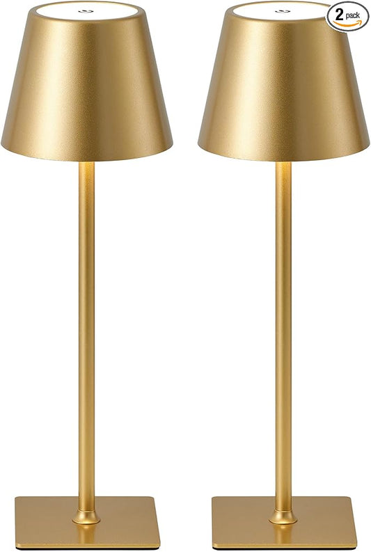 KDG 2 Pack Cordless Table Lamp, Portable LED Desk Lamps, 4000mAh Battery Operated, 3 Color Stepless Dimming Up, for Restaurant, Bedroom, Outdoor Camping, Coffee Shop, Night Light, Rechargeable (Gold)
