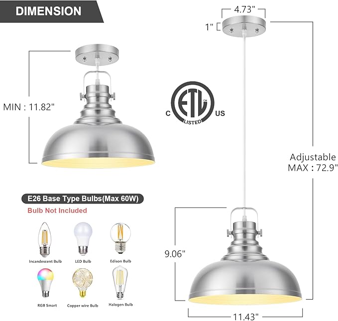 Refice Brushed Nikcel Farmhouse Pendant Lights Industrial Pendant Lighting for Kitchen Island Adjustable Height Dome Hanging Lights for Barn, Dining Room 3 Packs