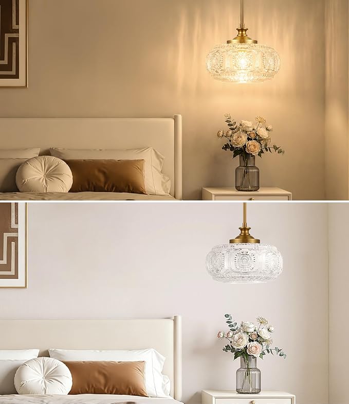Semi Flush Mount Ceiling Light, Gold Pendant Lights Kitchen Island | 12" Large Clear Glass Shade, Vintage Pendant Light Adjustable Hanging Light for Kitchen Island Bedroom Hallway Bathroom
