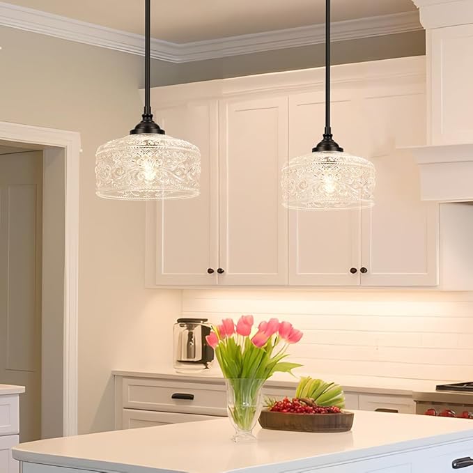 Black Vintage Pendant Lights Kitchen Island, Adjustable Height Kitchen Island Lighting, Bathroom Pendant Light with Clear Glass Shade- Dual Mount Ceiling & Hanging Fixtures with 90° Swivel for Decor