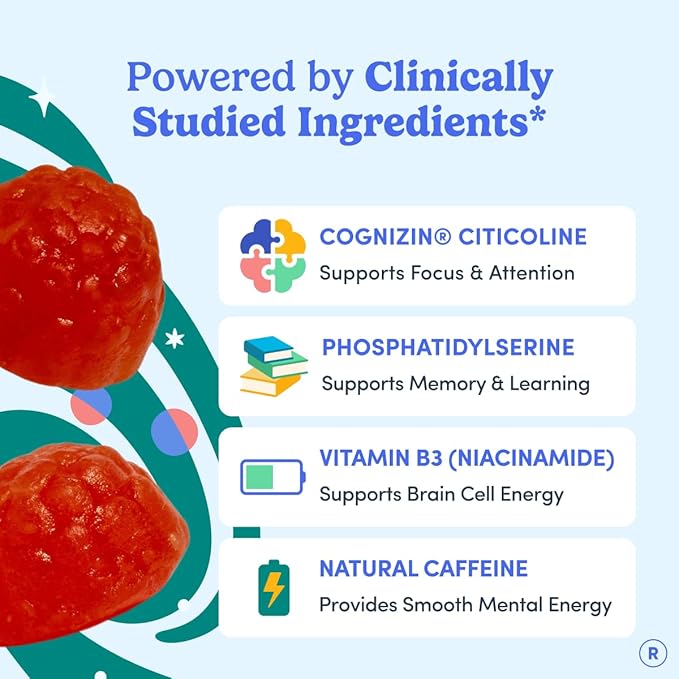 Gummies FIRST DAY pour le cerveau des femmes, pour la concentration, la mémoire et la clarté | Cognizin® Citicoline + Phosphatidylsérine | Énergie naturelle durable, saveur pêche, végétalien, sans OGM | 30 jours de traitement