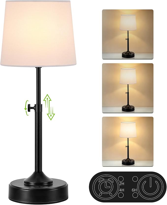 Height Adjustable Cordless Table Lamp Rechargeable with Timer, 3-Way & Stepless Dimmable LED Battery Operated Table Lamp, Wireless Battery Powered Lamp, Black Touch lamps for Nightstand Countertop