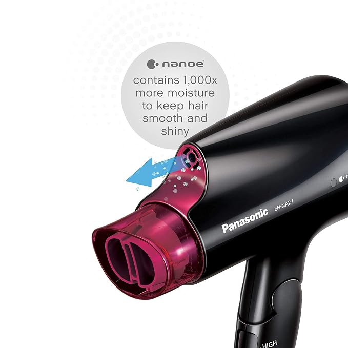 Panasonic nanoe Compact Hair Dryer for Healthy-Looking Hair, 1400W Portable, Folding Handling and Quickdry Nozzle for Fast Drying – EH-NA27-K (Black/Pink)