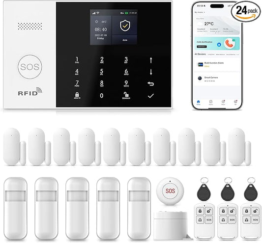Alarm System for Home Security,24Pcs WiFi/4G Apartment Alarm System with Instant App Alerts,Phone App Control (Smart Life/Tuya) Auto Alarm Dial,Real-Time Alert,Compatible with Alexa,NO Monthly Fees