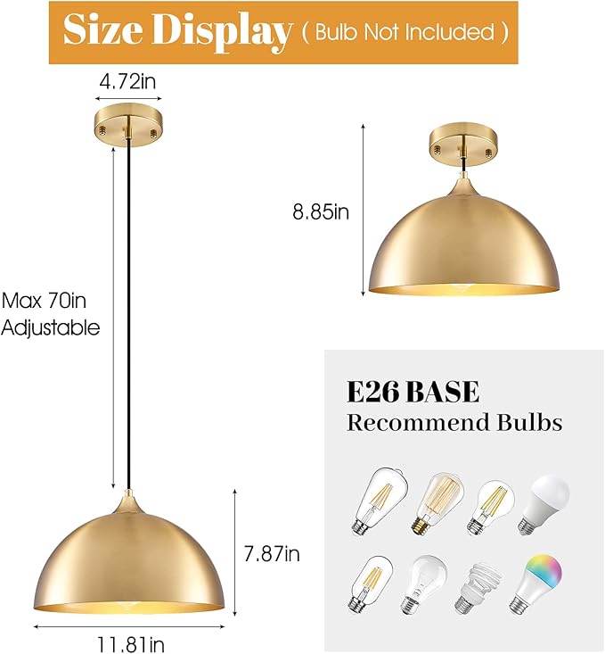 Gold Pendant Light 11.8", Industrial Dome Pendant Lights with Gold Interior, Adjustable Farmhouse Hanging Light for Kitchen Island Dining Room Bedroom Restaurant, 3 Pack