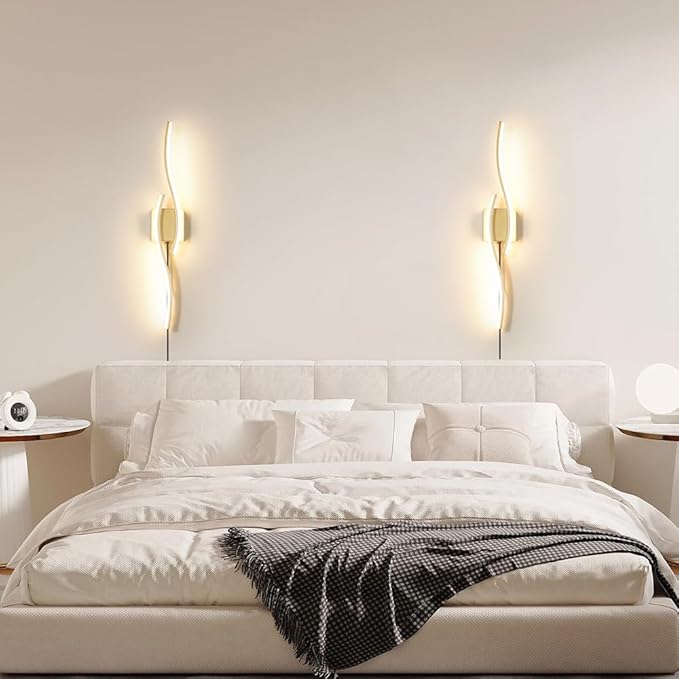 Daunton Modern Gold Plug in Wall Sconce Set of 2, Indoor Dimmable Light Fixture with Plug in Cord for Living Room, LED Sconces Lighting with Remote Control, Wall Lighting Decor for Hallway Bedroom