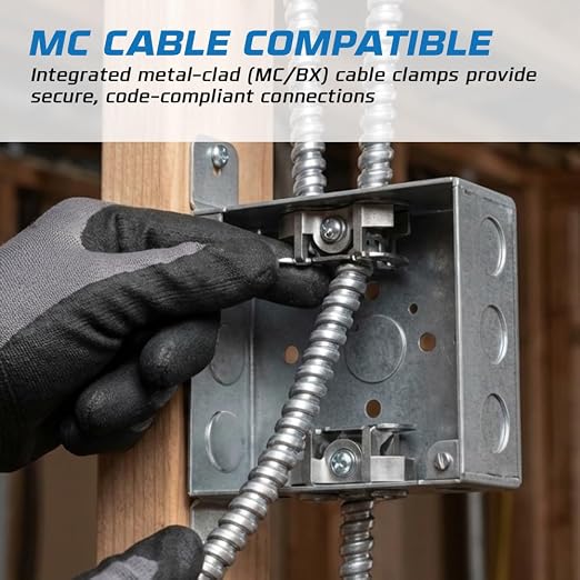 OHLECTRIC 4" Square Welded Electrical Box with Flush Mount Brackets (20-Pack) 1-1/2 Inch Deep Box with BX/MC Cable Clamp, ½ & ¾ Knockouts, Galvanized Steel, 21 Cu. in. Metal Junction Box