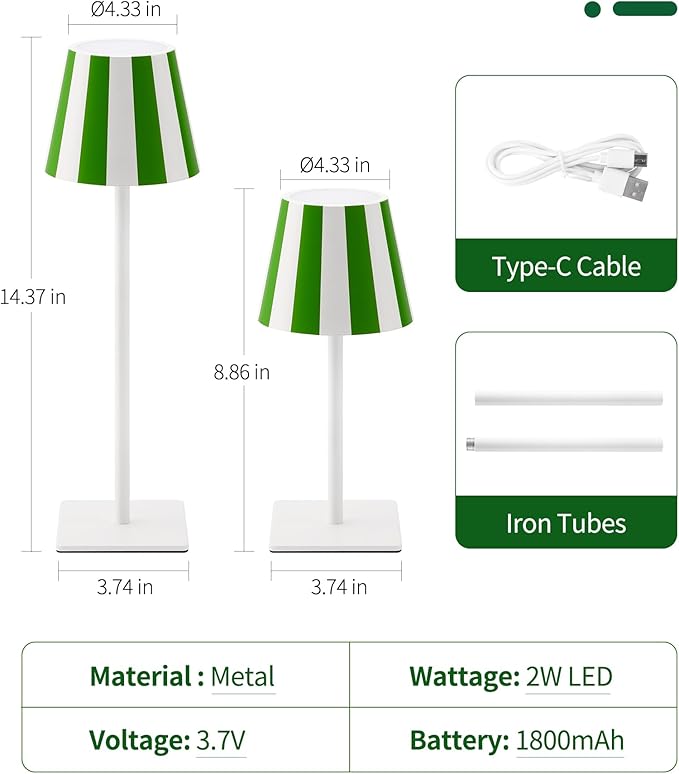 UME 3 Pack Cordless Table Lamp, Battery Operated Lamp - Portable Waterproof Rechargeable Table Lamp w/ 3 Color Temps & Stepless Dimming for Dinner, Desk, Cafe, Outdoor (Green)