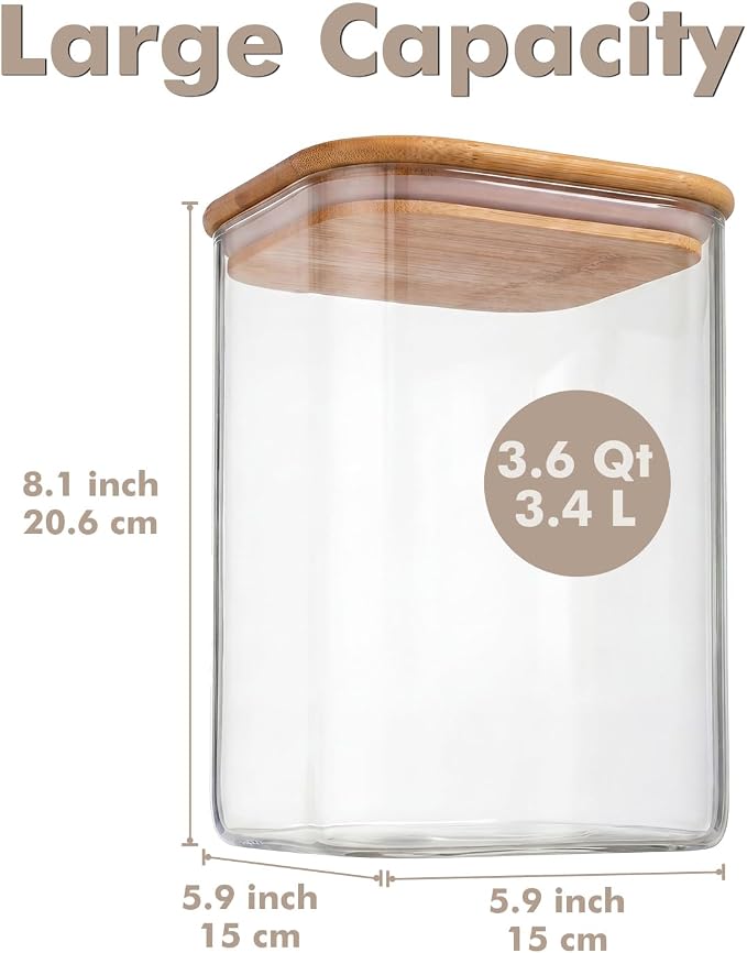 3.4Qt Large Glass Flour Sugar Storage Container with Bamboo Lid | Wide Mouth Design, With Measuring Cup, Minimalist Kitchen Organizer,Scandinavian Style Storage,Nordic Style Storage