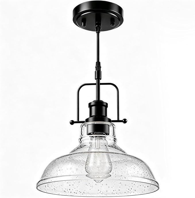 WILON Seeded Glass Pendant Lights Kitchen Island Lighting, Black Modern Farmhouse Pendant Light Fixture with E26 Base, Vintage Hanging Ceiling Lamp for Kitchen Sink Hallway Dining Room Entry Hall