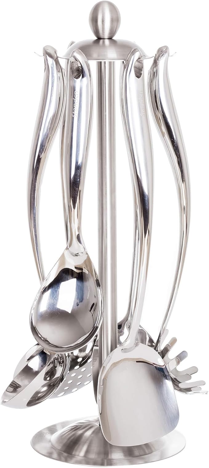 18/10 Stainless Steel Cooking Utensils Set with Holder, 7-Pieces All Metal Kitchen Utensils, 15’’ Long Kitchen Tools with Countertop Rotating Stand, Spatula, Ladle, Skimmer, Tunner, Pasta, Large Spoon