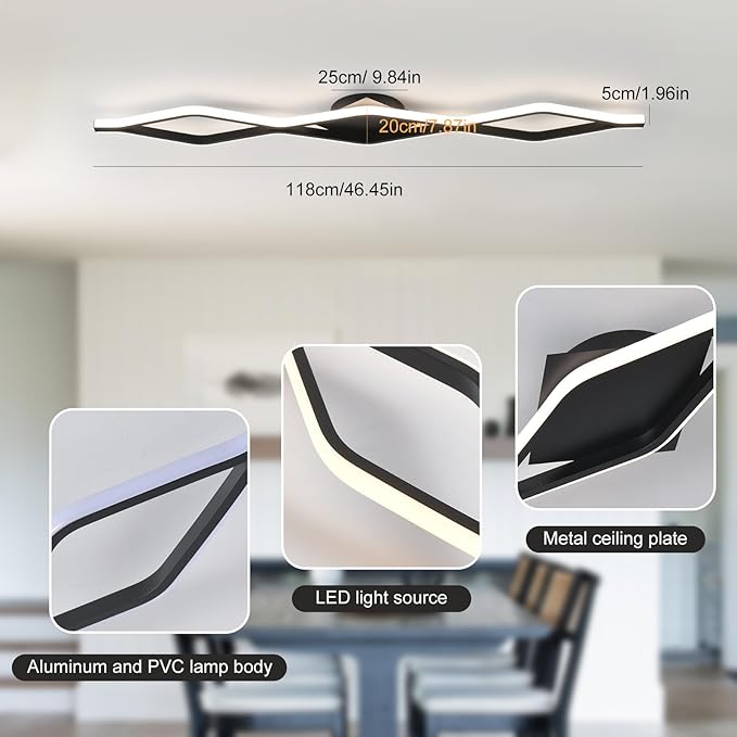 Qcyuui Dimmable LED Ceiling Lights 46.4'' Kitchen Lighting Fixtures Ceiling Black Flush Mount Ceiling Light with Remote Linear Ceiling Light for Kitchen Bedroom Dining Room Hallway,24W