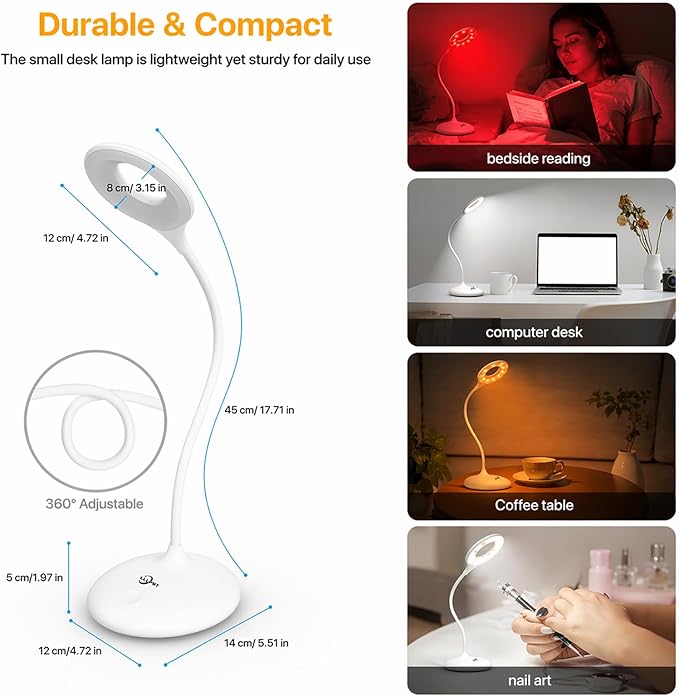 Rechargeable Desk Lamp, 3 Color Modes with Red Light Therapy & Eye Protection Orange Light, Stepless Dimming Touch Control, No Blue Light, Portable Cordless Reading Lamp for Bedroom Office Students