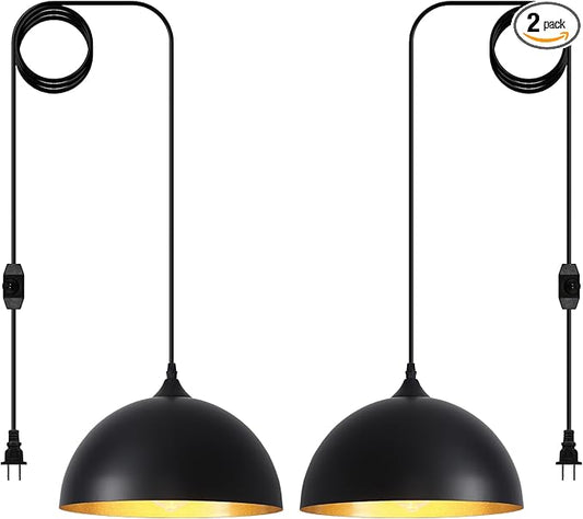 Black Plug in Pendant Light 2 Packs 11.8inch, Farmhouse Pendant Light, Kitchen Pendant Lights, Pendant Lights Kitchen Island, Hanging Lights with Plug in Cord 14.7 ft
