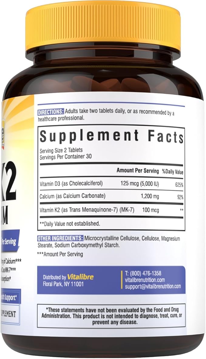 Complément D3 K2 Calcium pour Femmes et Hommes, Vitamine D3 5000 UI, Calcium 1200 mg, MK-7, Haute Absorption, pour des os, des dents, un cœur et un système immunitaire solides, 60 Comprimés