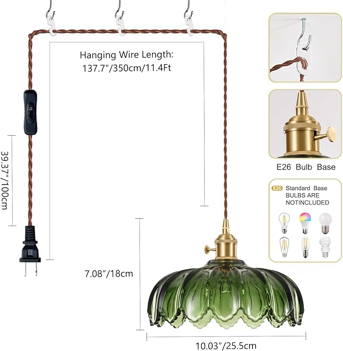 XZHGCEE Hanging Lamp Plug in Pendant Light: Green Hanging Light Plug in Hanging Lamp, Glass Pendant Lighting for Kitchen Island, Bedroom, Dining Room, Living Room, E26 No Bulb