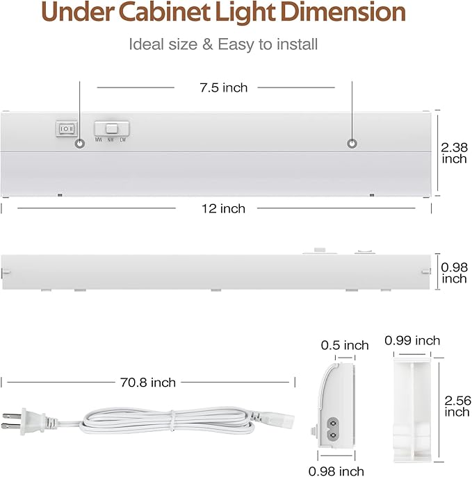 PESUTEN led Under Cabinet Task Lighting for Kitchen Plug-in Closet Light dimmable Under Cabinet Light 3 Color 3000K/4000K/5000K for Kitchen Garage Counter/Sink Area 12 inch