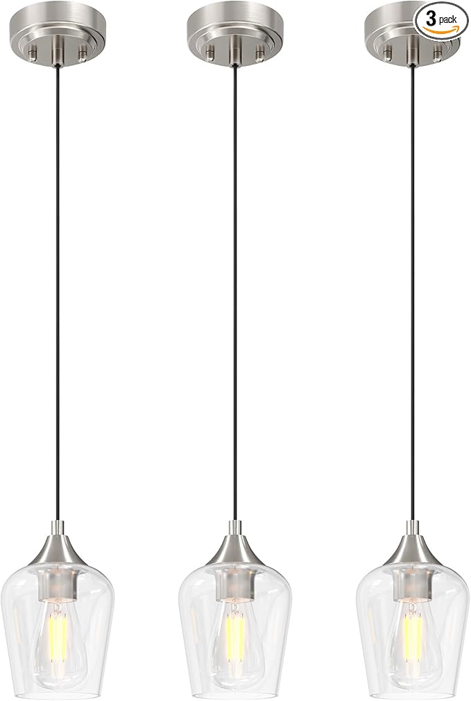 VONLUCE Pendant Lights Kitchen Island, Brushed Nickel Pendant Light Fixtures with E26 Base & Adjustable Cable, Modern Pendant Lighting with Glass Shade for Living Room Bedroom Hallway, 3 Packs