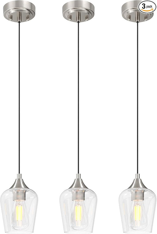 VONLUCE Pendant Lights Kitchen Island, Brushed Nickel Pendant Light Fixtures with E26 Base & Adjustable Cable, Modern Pendant Lighting with Glass Shade for Living Room Bedroom Hallway, 3 Packs