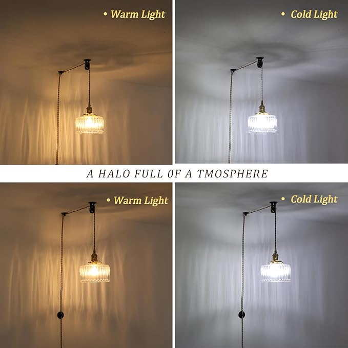 Shenmoyl Plug in Pendant Light Hanging Light Fixture Corded On/Off Switch Brass Pendant Light with Clear Striped Glass Lampshade for Bedroom Living Room Kitchen Island