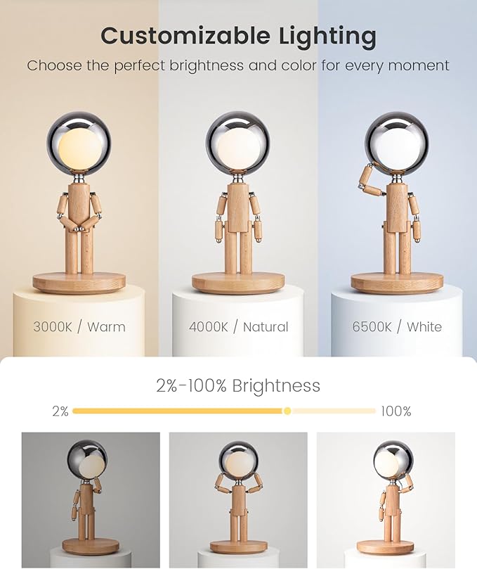 Rechargeable Cordless Desk Lamp, Creative Wooden Table Lamp with 3 Color &Stepless Dimming, Adjustable Pause Moon Lamp, Unique Decorative Desk Lamp for Bedroom, Nightstand, Office & Gift, Beech Wood