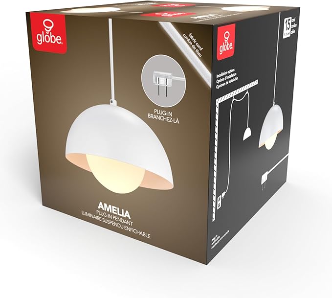 Globe Electric Amelia 1-Light Plug-in Pendant Lighting, Matte White, White Glass Shade, Bulb Not Included