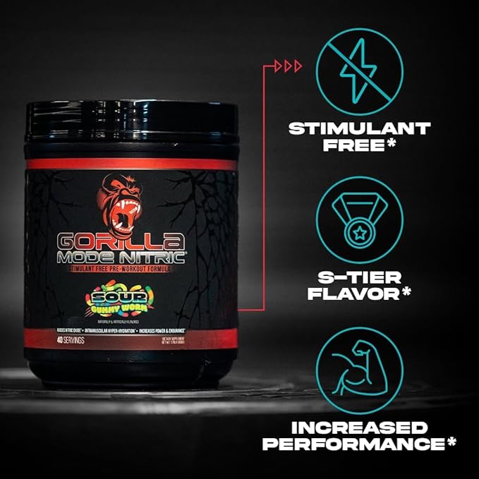 Pre-Workout Stimulant-Free Gorilla Mode Nitric Amélioré – Le Pre-Workout Stimulant-Free le Plus Goûteux et le Plus Efficace / Pompes Musculaires Massives · Vasodilatation · Puissance / 780 Grammes (Oursons Gélifiés Blancs)