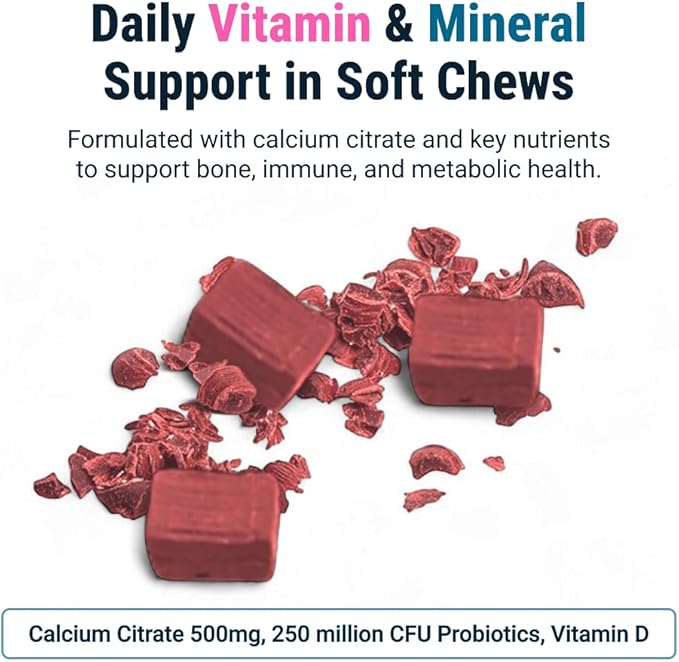 BariatricPal Chews tendres sans sucre au citrate de calcium | 500 mg avec vitamine D et probiotiques | Punch tropical | 90 comprimés (1 mois d'approvisionnement)
