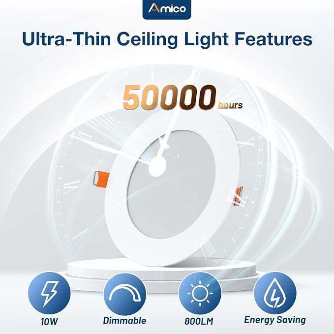 Amico 24 Pack 4 Inch 5CCT Ultra-Thin LED Recessed Ceiling Light with Junction Box, 2700K/3000K/3500K/4000K/5000K Selectable, 800 Lumens, Dimmable Canless Wafer Downlight, 10W Eqv 60W-ETL&FCC