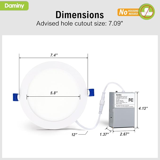 DAMINY 12 Pack 7 Inch LED Recessed Lighting with Junction Box,5CCT,Ultra-Thin Recessed Light,15W 1300LM, Dimmable Canless Wafer Ceiling Light, High Brightness