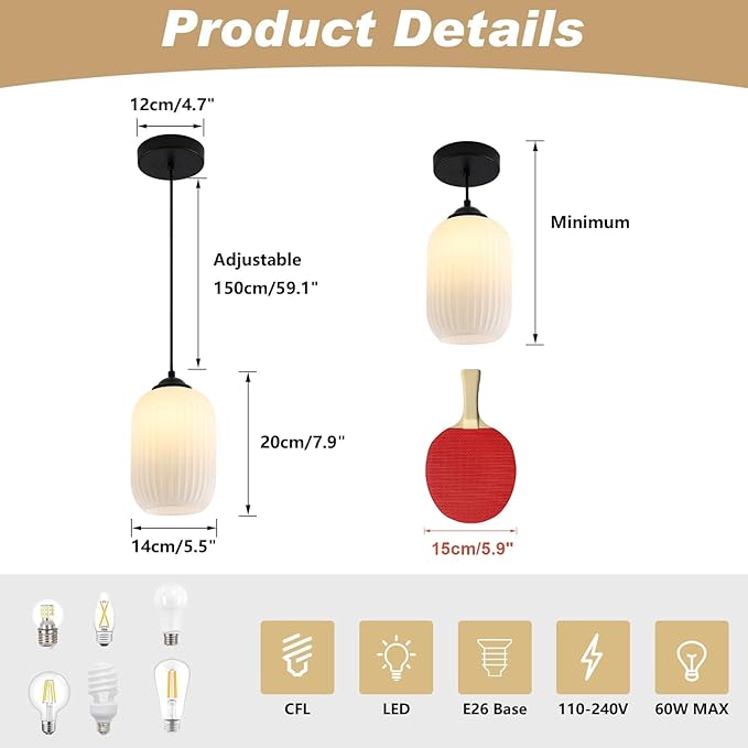 KCO Lighting Small Black Pendant Lighting Striped Glass Pendant Light Milk Glass Pendant Lights Kitchen Island Modern Farmhouse Hanging Pendant Light for Dining Room Living Room