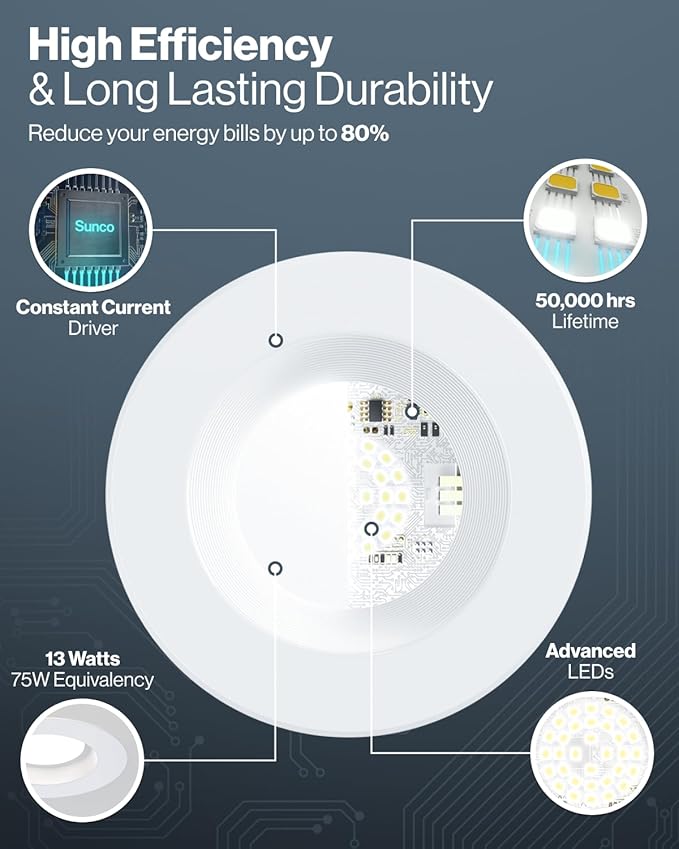 Sunco 6 Pack LED Recessed Lighting 6 Inch, Retrofit Can Lights, 965LM, 13W (100W Equivalent), Selectable CCT 2700K/3000K/3500K/4000K/5000K, Dimmable, Baffle Trim, Damp Rated UL