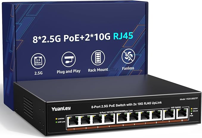YuanLey 8 Port 2.5G PoE Switch Unmanaged, 8 x 2.5G Base-T PoE Ports, 2X 10G RJ45 UpLink,120W PoE Budget, Metal Fanless, 10 Port 2.5Gbe/10G PoE Ethernet Switch for NAS, Gaming PC, AP