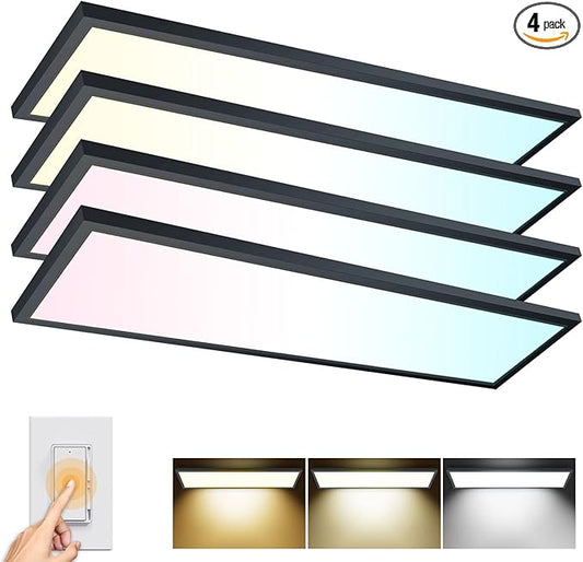 AIKVSXER 4PACK 1x4 LED Flat Panel Light Surface Mount LED Ceiling Light, 5500LM 50W TRIAC 10-100% Dimmable, AC120V, 3000/4000/5000k Selectable 4FT Light Fixtures for Garage Black