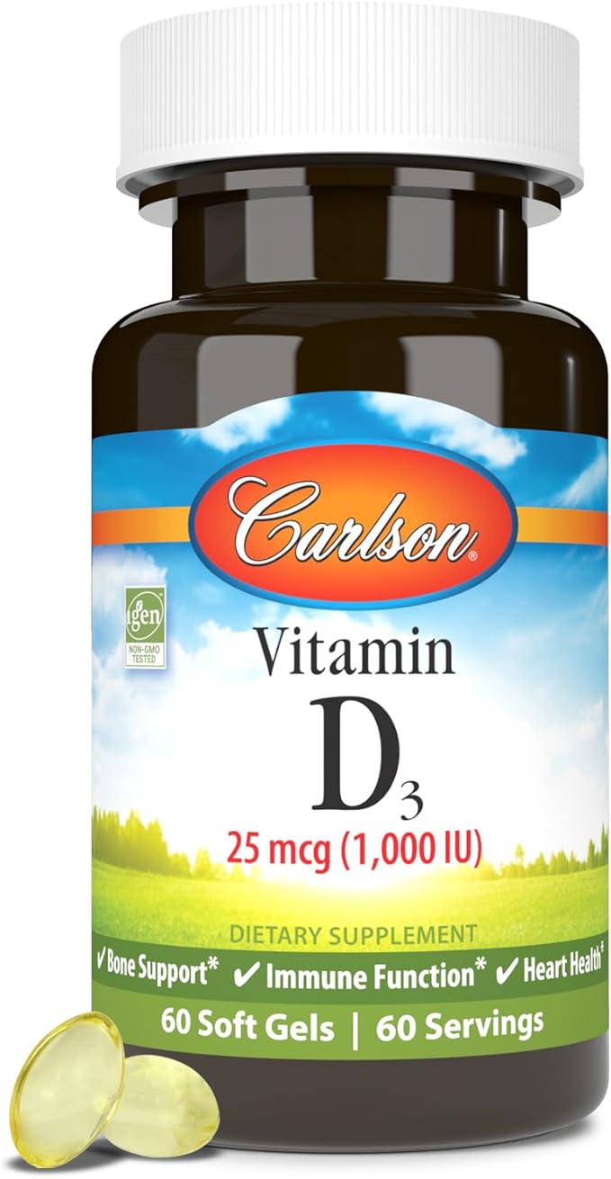 カールソン - ビタミンD3、1000IU（25mcg）、骨の健康、筋肉の健康、コレカルシフェロール、ビタミンDサプリメント、ビタミンD3ソフトジェル、60ソフトジェル