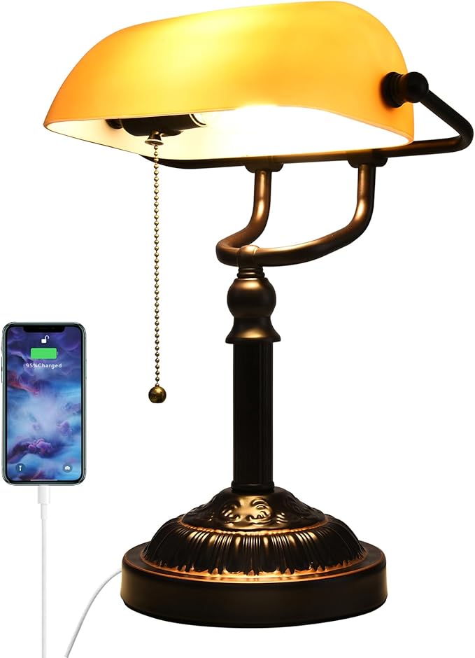 Bankers Desk Lamp with USB-A Port, Rustic Desk Lamp Pull Chain with Yellow Glass Shade, Vintage Banker's Desk Lamp Oil Rubbed Bronze for Home Office Library
