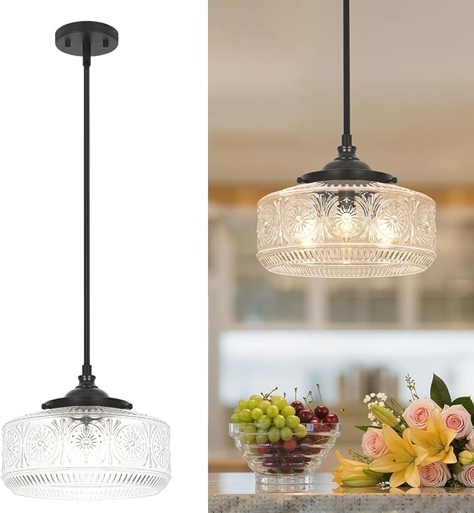 Modern 3 Lights Drum Pendant Light with Etched Glass Shade, Adjustable Height Black Pendant Lights Kitchen Island, Chandelier for Dining Room, Bedroom, Hallway, Bathroom, E12 Base, Bulbs Not Included